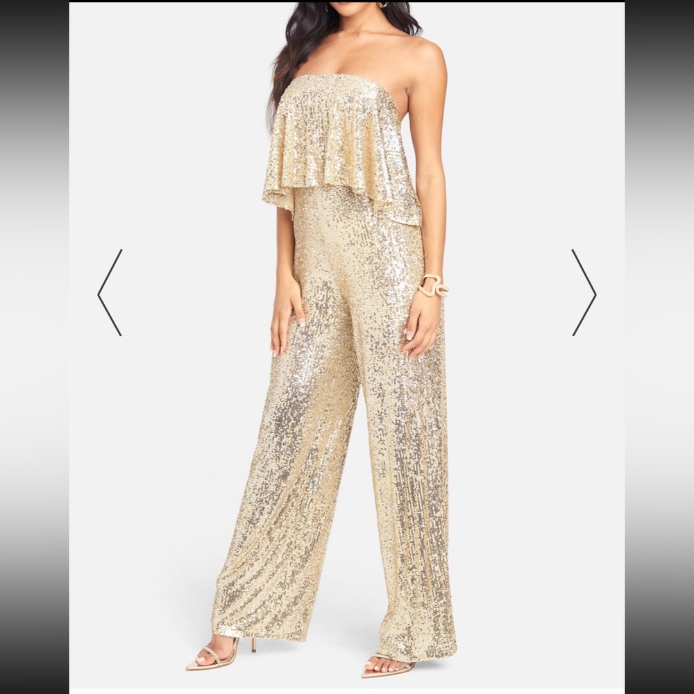 Strapless Sequin Overlay Jumpsuit - Nude/Gold / XXS